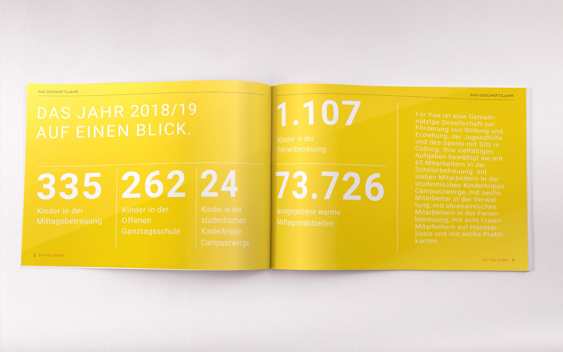 Gelbe Doppelseite des For You Geschäftsberichts mit den Kennzahlen des Geschäftsjahres